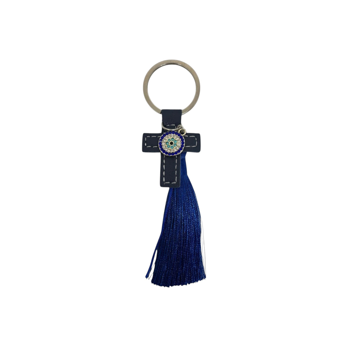 Mati Made navy blue faux leather cross keychain with white stitching, crystal evil eye charm, and blue silk tassel.