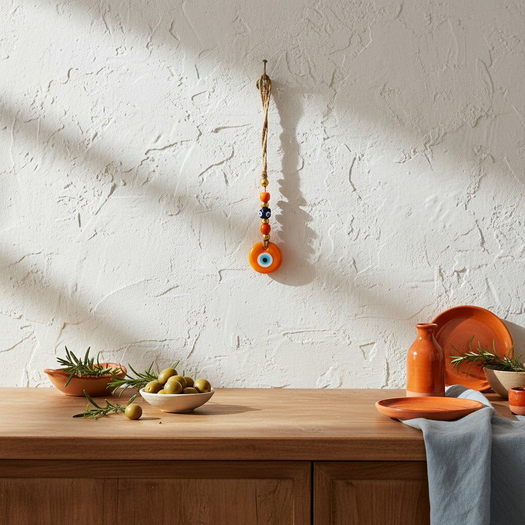 Mati Made decorative orange evil eye wall hanging ornament with jute cord, displayed on a textured white wall.