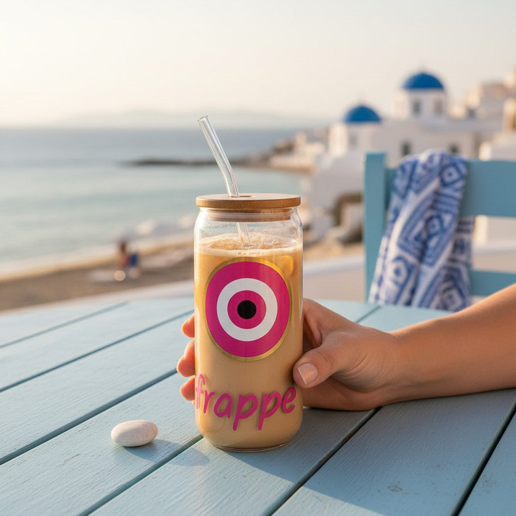 Mati Made glass tumbler with pink evil eye design, bamboo lid, and glass straw, held on a blue table by the sea.