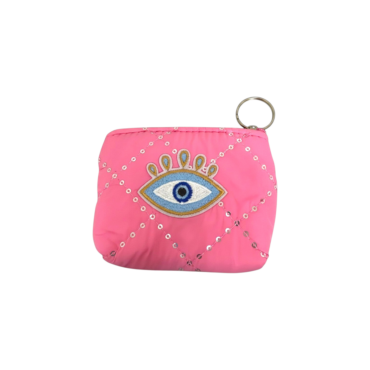 Mati Made hot pink quilted pouch with a stitched evil-eye motif, sequin detailing, and a silver keyring attachment.