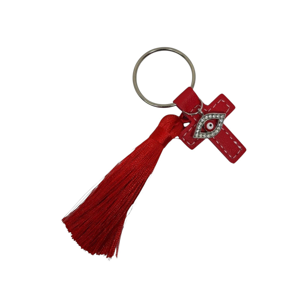 Mati Made red cross keychain with a rhinestone evil eye charm and a soft matching red tassel on a silver ring.