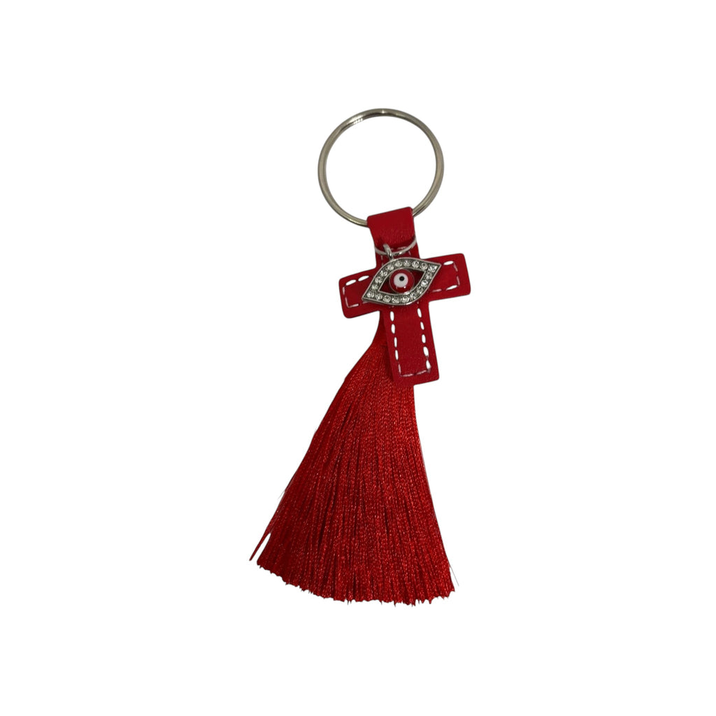 Mati Made red cross keychain with a rhinestone evil eye charm and a soft matching red tassel on a silver ring.