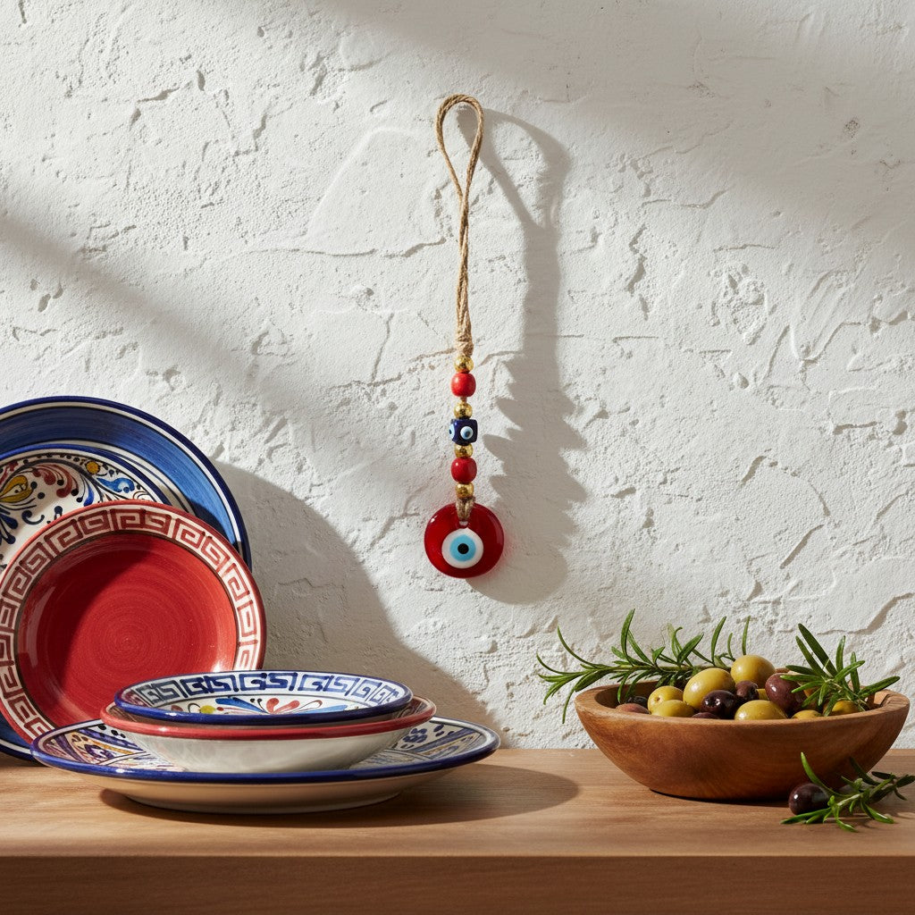 Mati Made red glass evil eye wall hanging with blue and red beads on a rustic jute cord against a white wall.