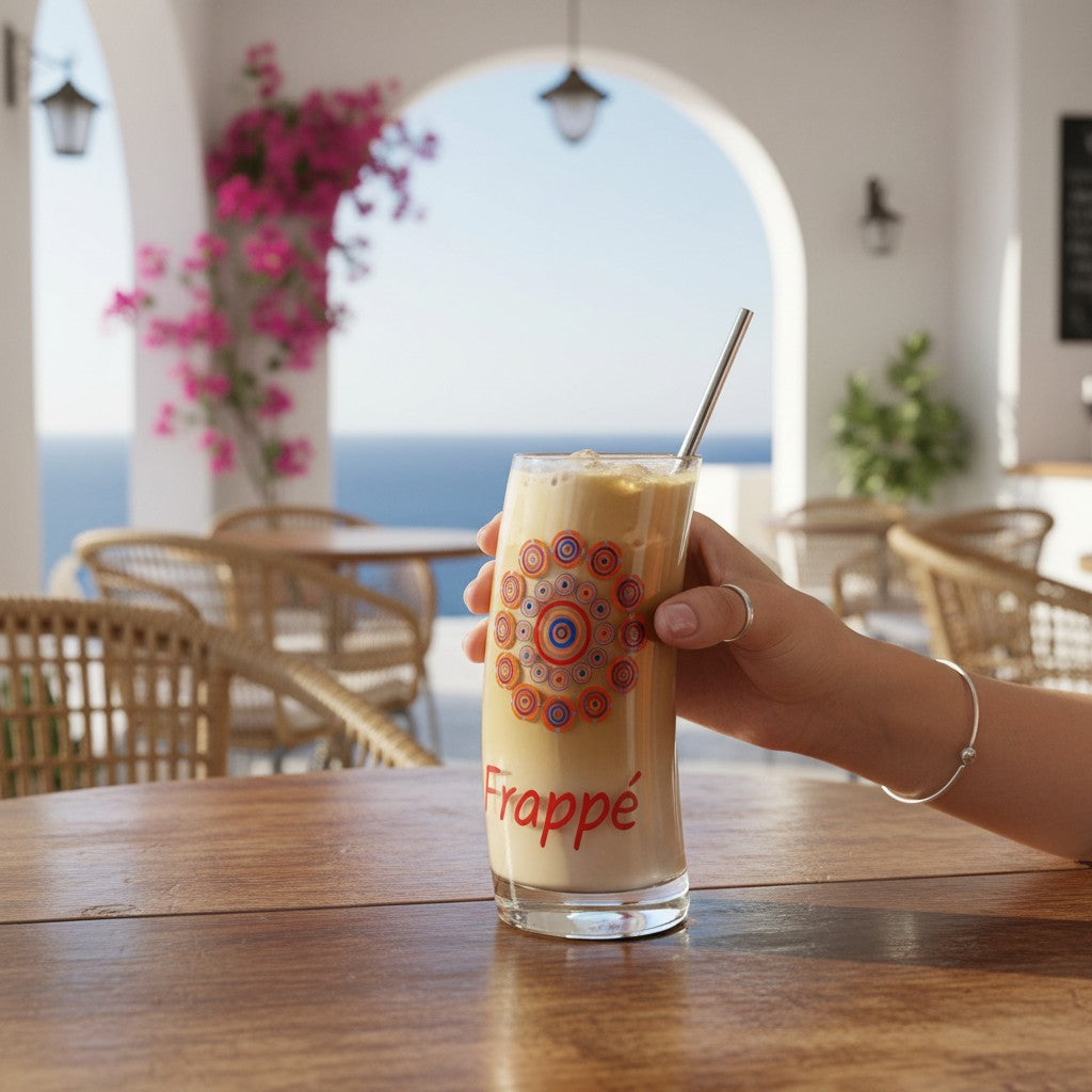 Mati Made retro frappé glass with red, white, and blue circular pattern, held on a sunny terrace by the sea.