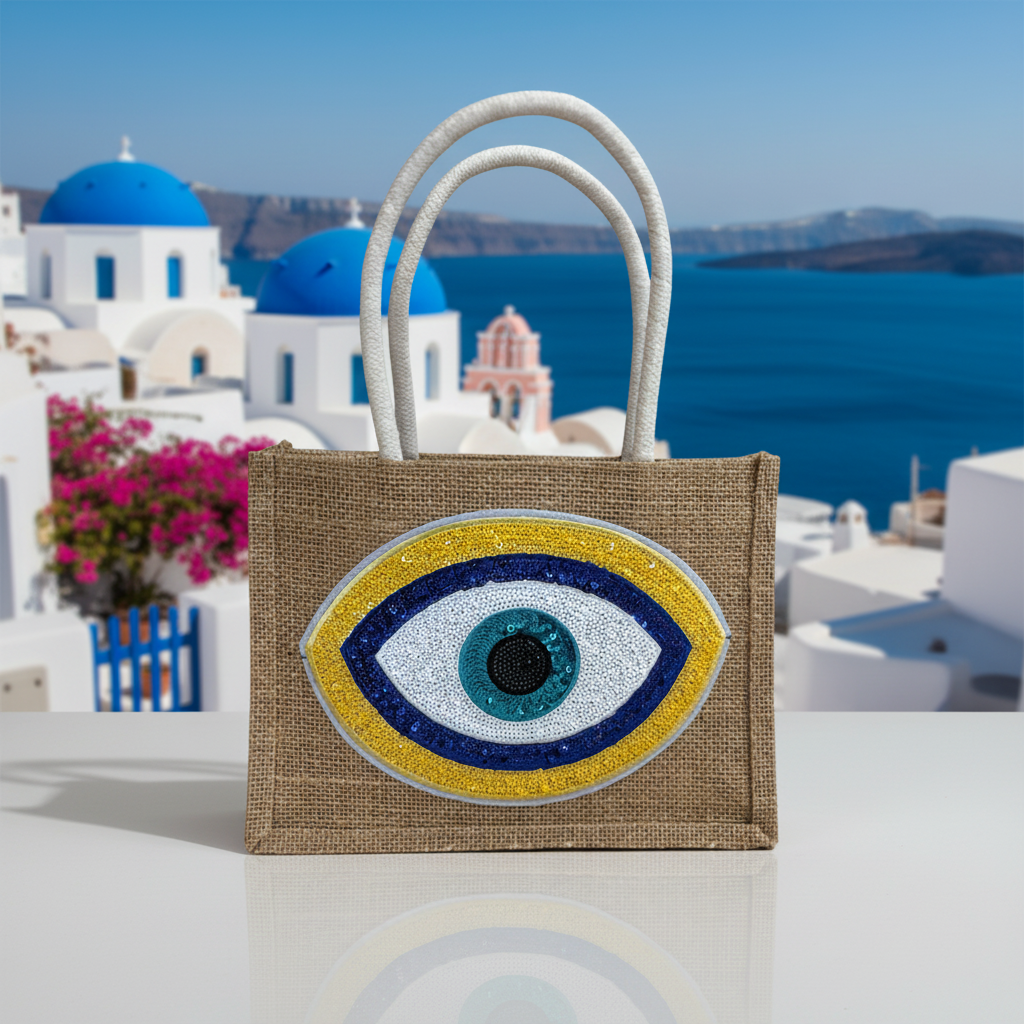 Mati Made natural jute tote bag featuring a hand-embellished sequin and bead evil eye design against a Greek backdrop.
