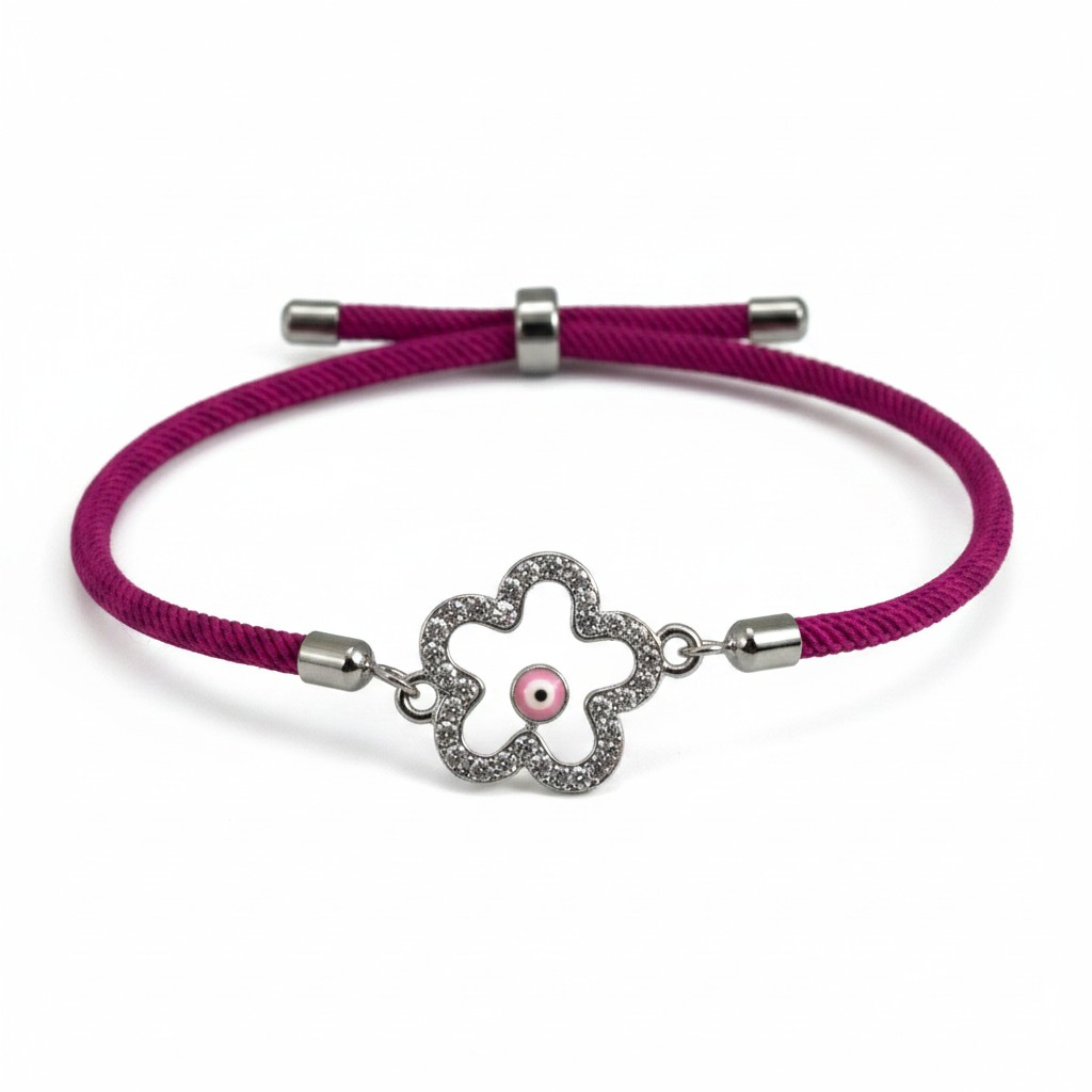 Silver Pink Flower Mati  -  Adjustable Cord Bracelet
